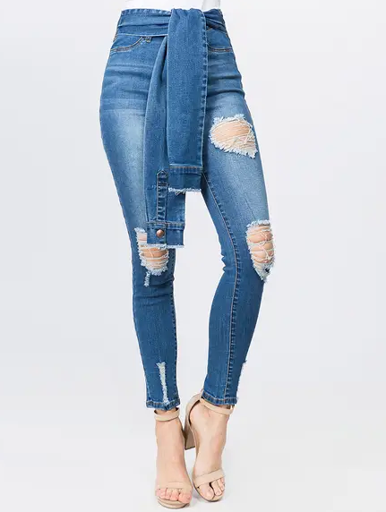 Stretchy distressed ladies jeans with waist tie